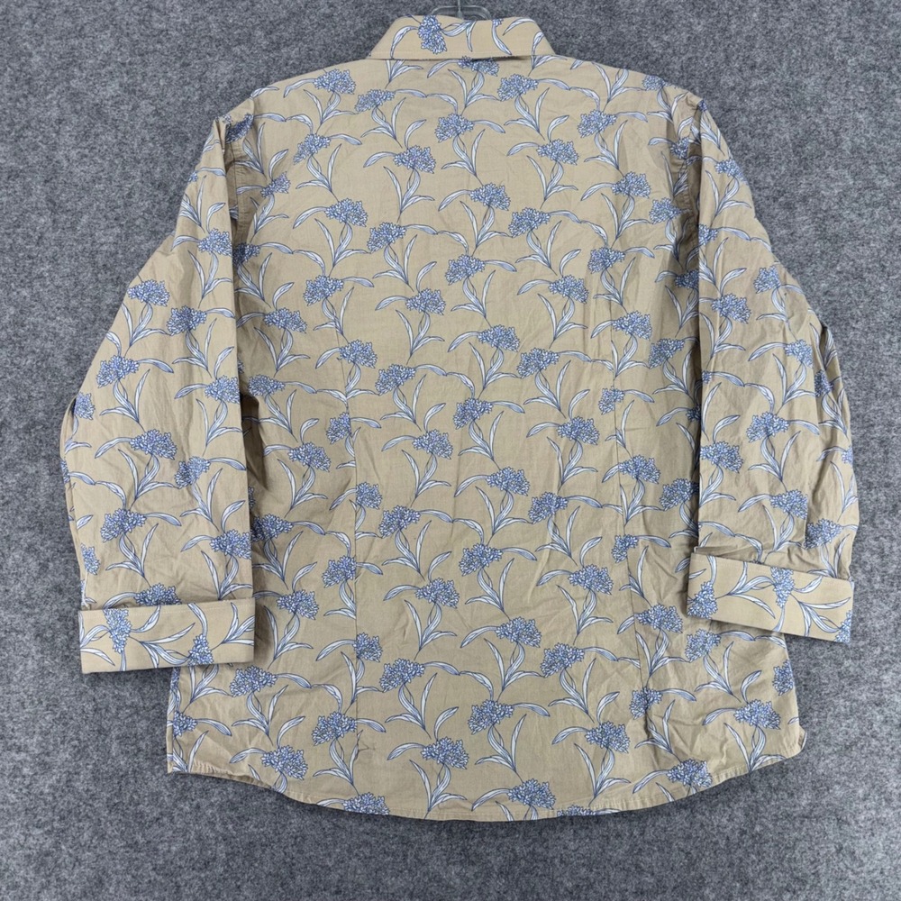 Thomas Pink Women Tan Blue Floral Cotton Button Down Shirt Blouse Size 14 - Picture 9 of 11